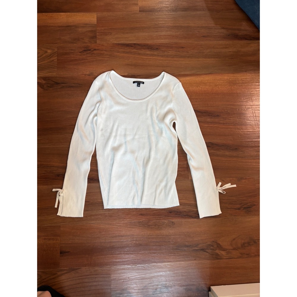 41 Hawthorne White Ribbed Knit Scoop Neck Sweater‎ Tie Cuff Long Sleeve Medium
